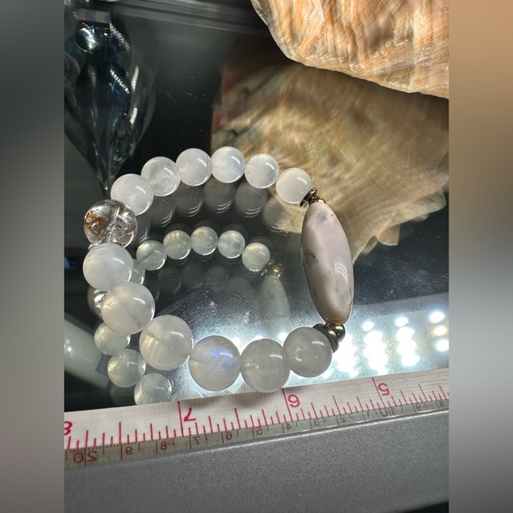 MOONSTONE + DENDRITIC AGATE + PHANTOM NATURAL BRACELET SIZE 7” - Picture 12 of 15